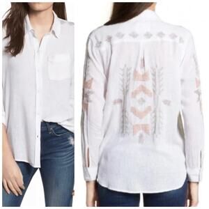 Rails Charli Tulum Embroidery Southwest Aztec Boho Linen-Blend Button-Down - Med